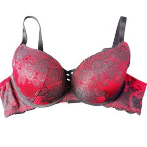 Torrid Curve 42C Push Up Bra Red Black Lace Strappy Plunge Gothic Dark Coquette